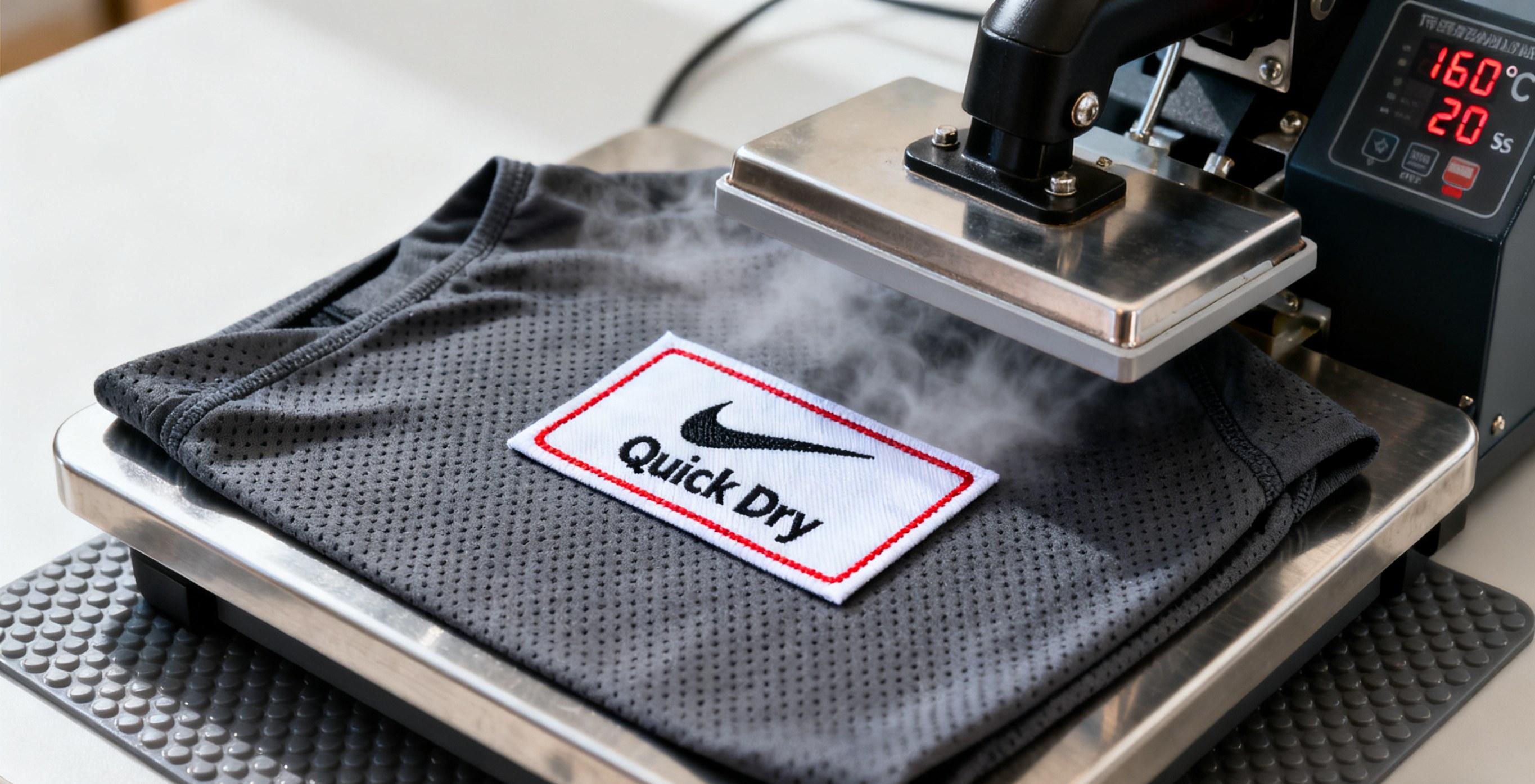 Applying woven heat transfer label on sportswear.